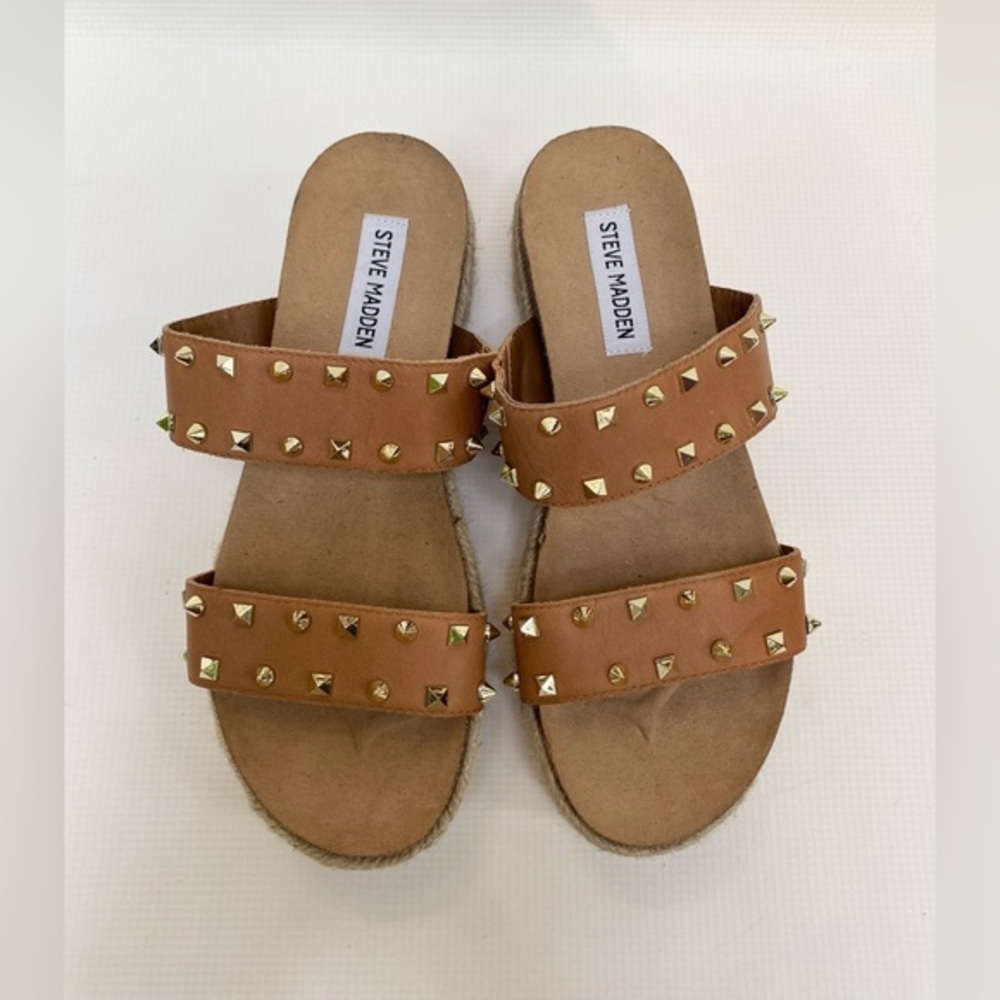 Steve Madden Jaime Leather Gold Studded Espadrille Platform Sandal Size 6.5M